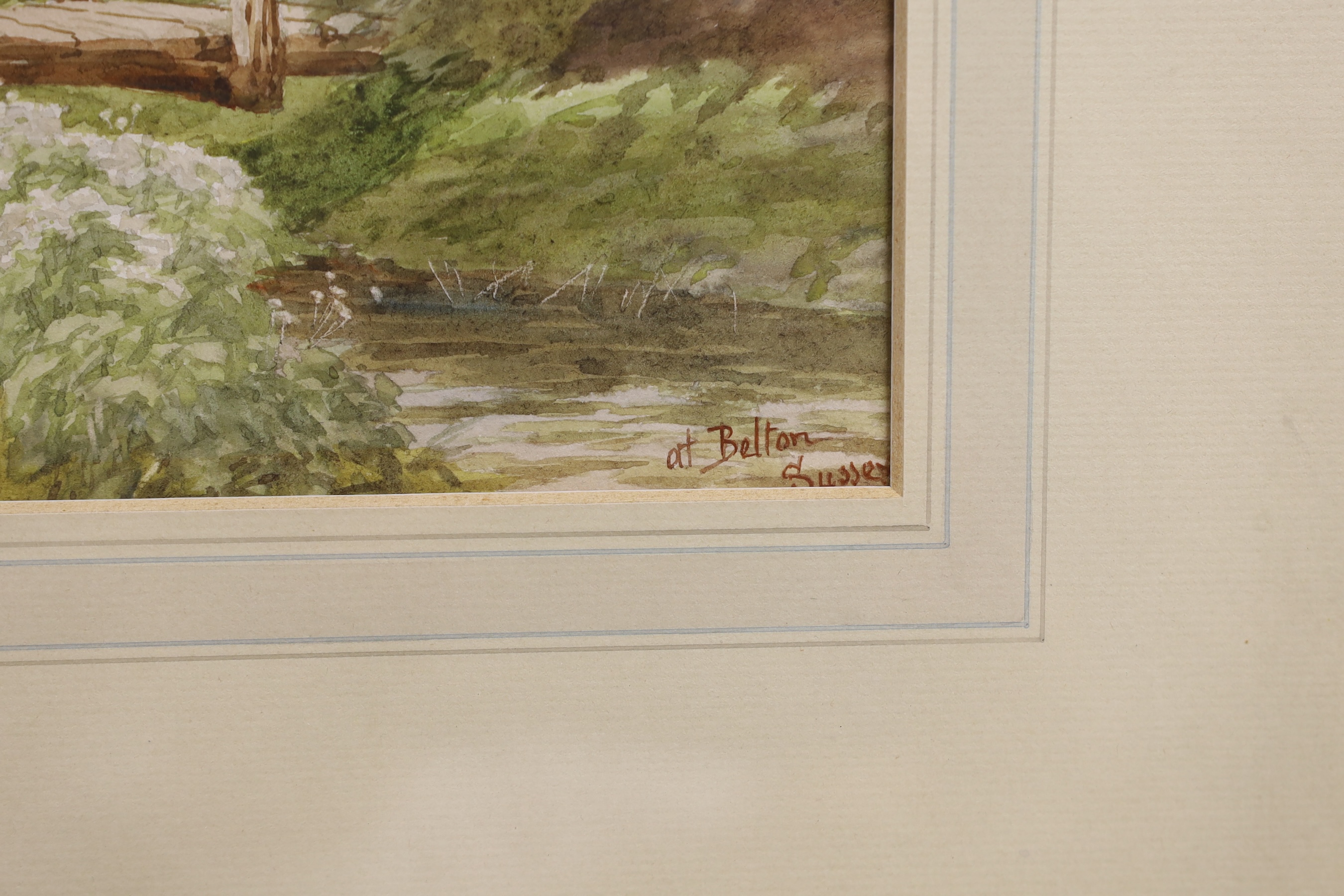 Manner of Sylvester Stannard, watercolour, Thatched cottages 'At Belton, Sussex’, 33 x 52cm